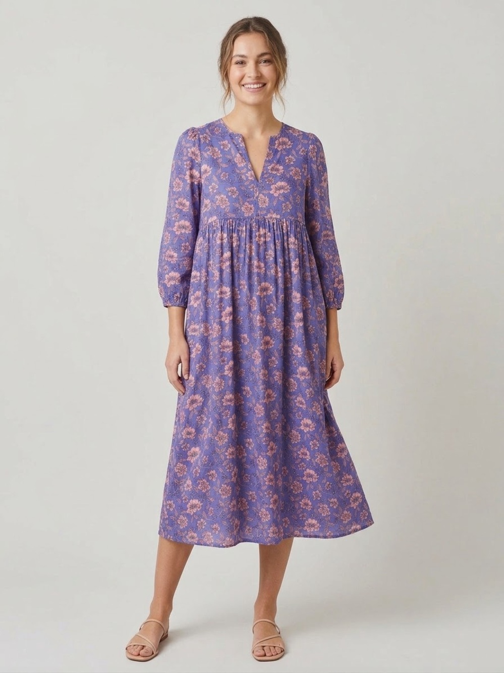 Sunday Up Purple Floral Dress with V-Neck. Size Small